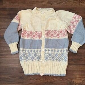 Vintage Cream Pink Pastel Handknit Fairisle Cardigan Sweater Fairy Boho‎ Cottage
